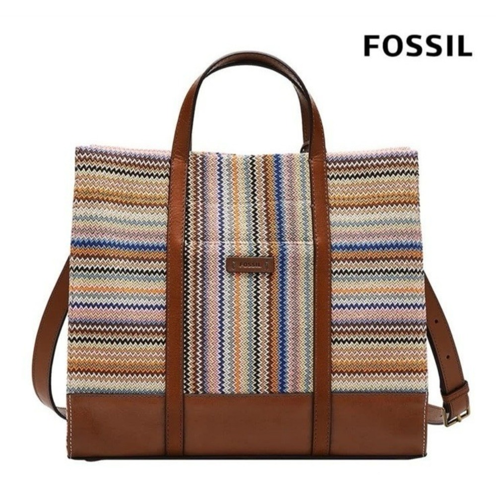Fossil Carmen Tote Southwest Stripe Knit Leather Handles Boho Satchel Bag